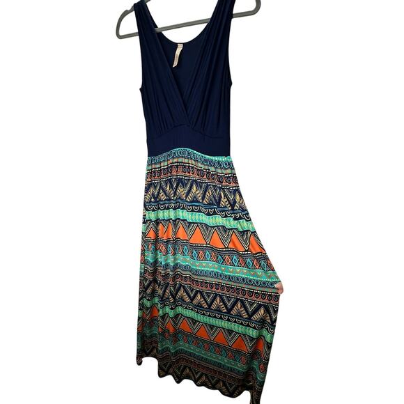 Gilli Navy Blue Teal Orange Multi Print Faux Wrap V-Neck Sleeveless Maxi Dress M - Picture 1 of 14